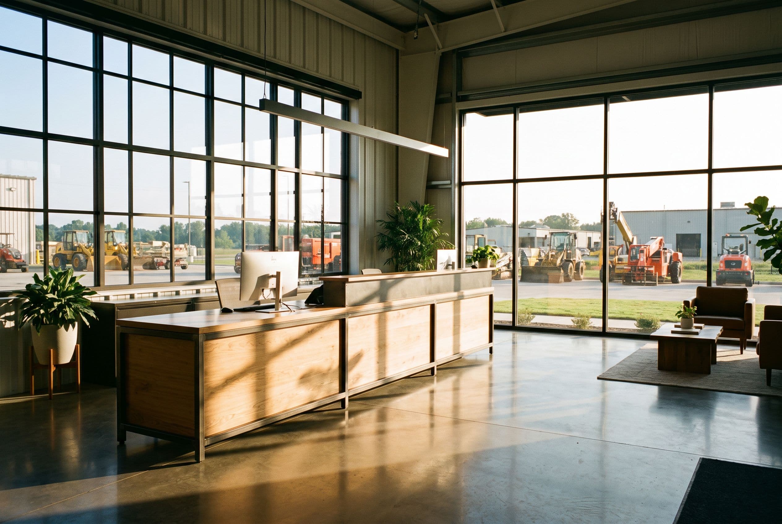 A bright, tidy rental-yard counter with the day's board in view.